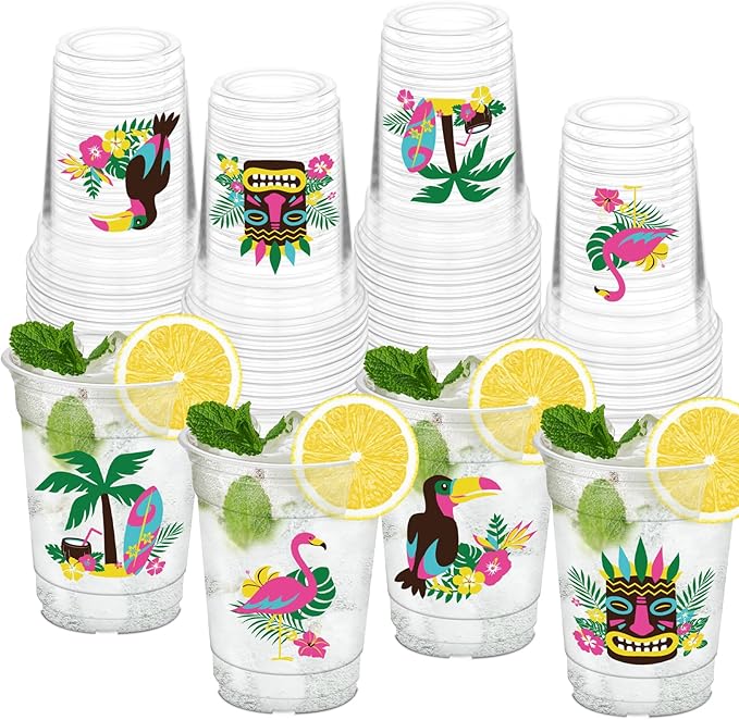 50Pcs Hawaiian Cups, 12oz Luau Party Cups Aloha Plastic Cup for Hawaiian Tropical Aloha Decorations Summer Themed Birthday Party Favor Luau Beach Pool Supplies