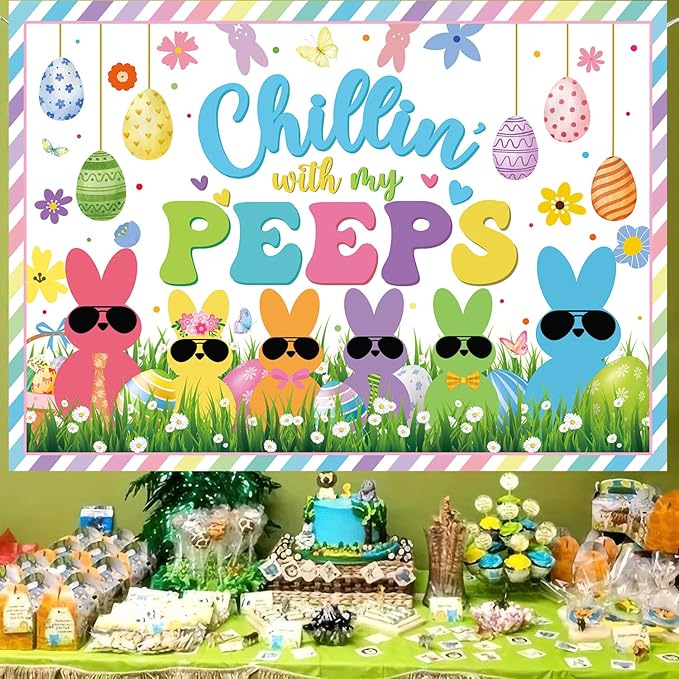 Chillin with My Peeps Banner Backdrop 7x5FT Bunny Happy Easter Peeps Background Spring Party Decorations Supplies Photo Props