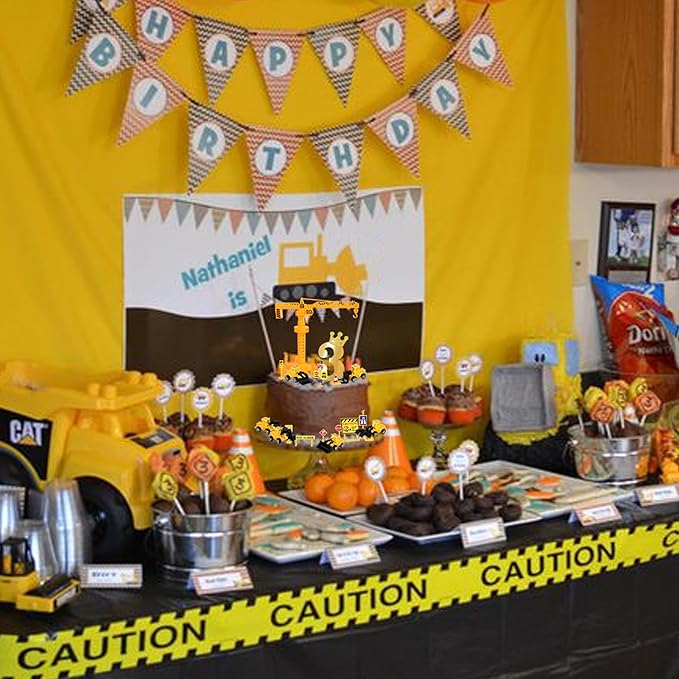 17 Pack Construction Vehicles Cake Toppers Set - Toy Road Sign, Tower, Digger, Cupcake Picks - Number 3 for Construction Theme Baby Shower, Kids 3rd Birthday Party Decorations Supplies
