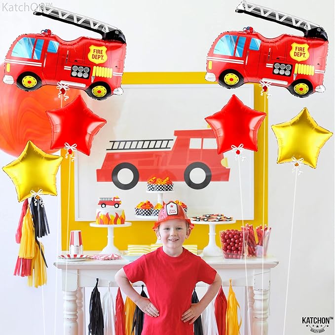 Katchon, Fire Truck Balloons for Birthday Set - Pack Of 6 | FireTruck Party Supplies | Firetruck Balloon For Birthday Decorations | Firefighter Balloons, Balloon for Fire Truck Decorations