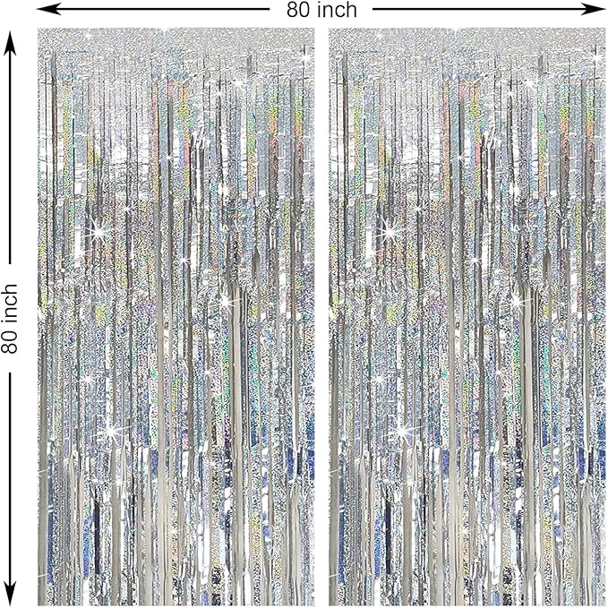 2 Pack Silver Foil Fringe Curtains, 3.3x6.6 Ft Metallic Tinsel Backdrop Party Decorations Door Silver Streamers for Birthday Wedding Engagement Decor,Photo Booth Props, Party Supplies