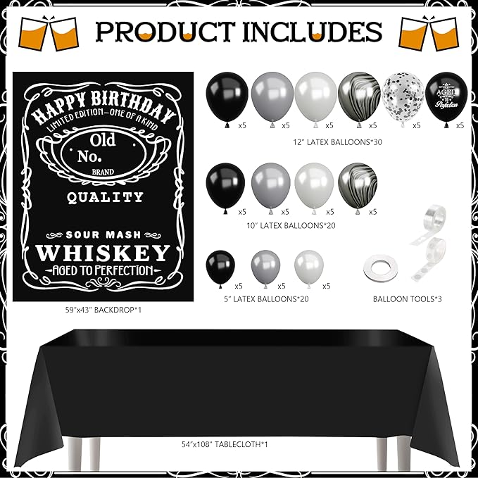Whiskey Birthday Decorations for Men Aged to Perfection Birthday Party Supplies with Backdrop Tablecloth Whiskey Bar Banner Balloon Garland Poster for Men Adult Beer Party Decor