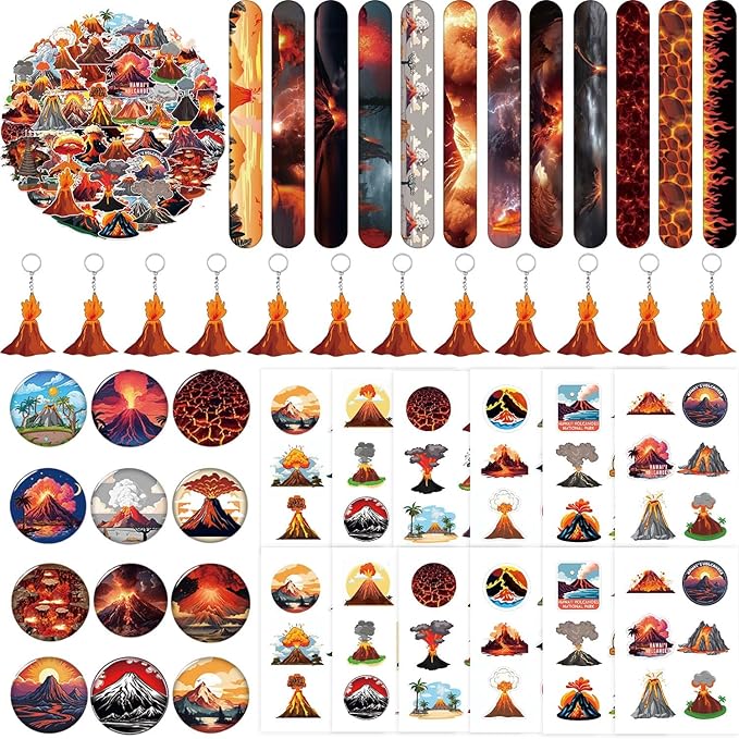 98PCS Hot Volcano Party Favors Hot Lava Theme Birthday Supplies Decorations Volcano Tattoos Volcano Slap Bracelets Volcano Keychains Volcano Stickers Hot Lava Button Pins