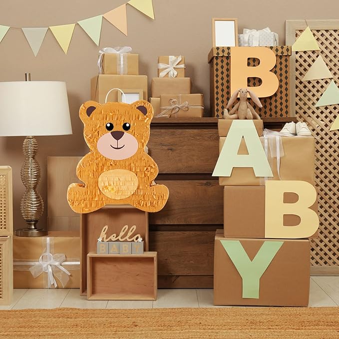 Lewtemi 14.5 Inch Bear Piñata Bear Themed Birthday Party Supplies Animal Piñata with Wood Bat Stick, Paper Blindfold and Confetti for Valentine Baby Shower Party Decor Kid Adult Boy Girl