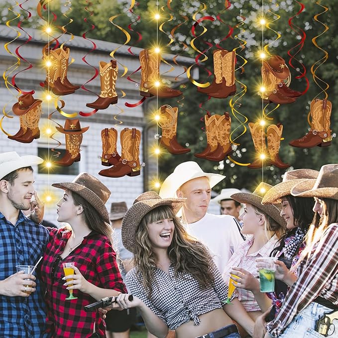 Capoda 57 Pcs Western Cowboy Party Decorations Cowboy Boot Hanging Swirl Decorations with Led Lights West Boot Banner Ceiling Streamers for Wild West Themed Birthday Party Supplies Decor
