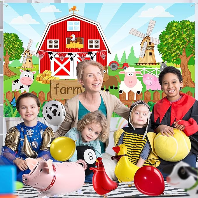 Farm Animals Theme Party Decorations Farm Barn Backdrop Banner Farmhouse Animals Decor Tablecloth Balloon Arch Garland Kit for Birthday Photography Baby Shower Party Supplies(Red)