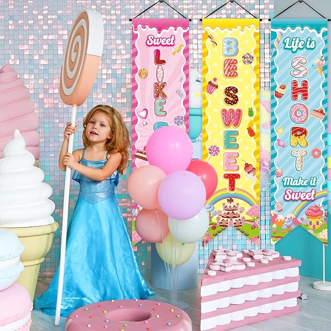 3 Pcs Candyland Party Decorations Sweet Candy Banners Donut Lollipop Porch Sign Candy Land Hanging Flags Photo Props Backdrop Supplies for Outdoor Door Wall Yard Birthday Baby Shower