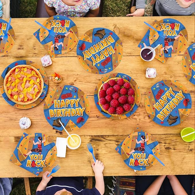 96 Pcs Rock Climbing Plates and Napkins Climbing Birthday Party Supplies Adventurer Climber Sport Tableware Set for Kids Adults Sports Theme Birthday Party Supplies, Serves 24