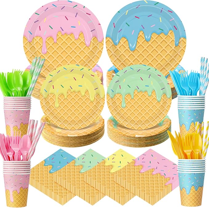 450 Pcs Ice Cream Tableware Set Decorations Summer Ice Cream Cone Paper Plates Napkins Cups Cutlery Straws for Sweet One Birthday Baby Shower Party Supplies, Serves 50