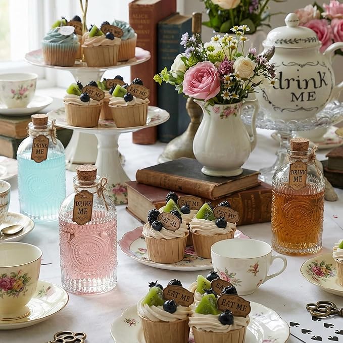 48 Pcs Wonderland Tea Party Decoration Wonderland Cup and Cake Tags Drink Me Eat Me Tea Party Favor Labels for Birthday Baby Shower Parties Supplies