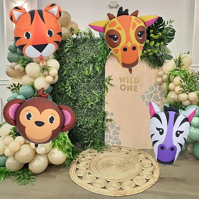 4pcs Large Jungle Safari Animal Balloons (23–34 In), Tiger Giraffe Zebra Monkey Head Foil Balloons for Kid Boys Jungle Safari Theme Birthday Party Wild One Zoo Woodland Baby Shower Party Decorations