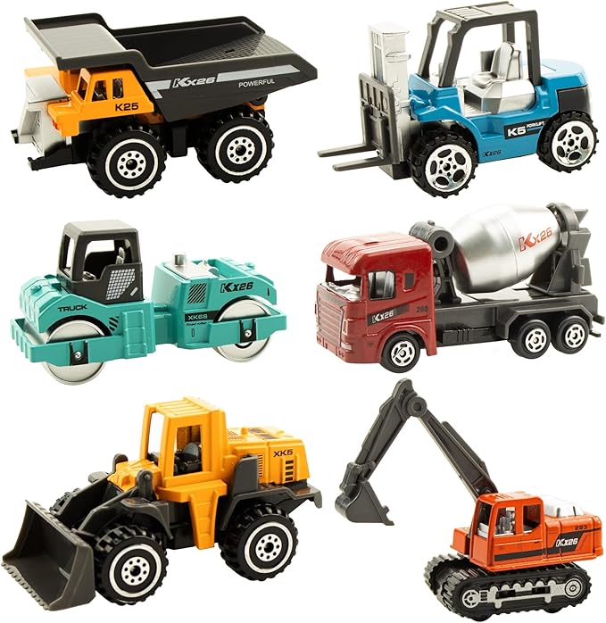 BenRich 6 Pcs Mini Die Cast Toy Set 1/64 Scale Alloy Construction Model Vehicles - Excavator, Dump Truck, Bulldozer, Forklift, Mixer Truck, Road Roller Toys Car for Boys Girls Birthday Present