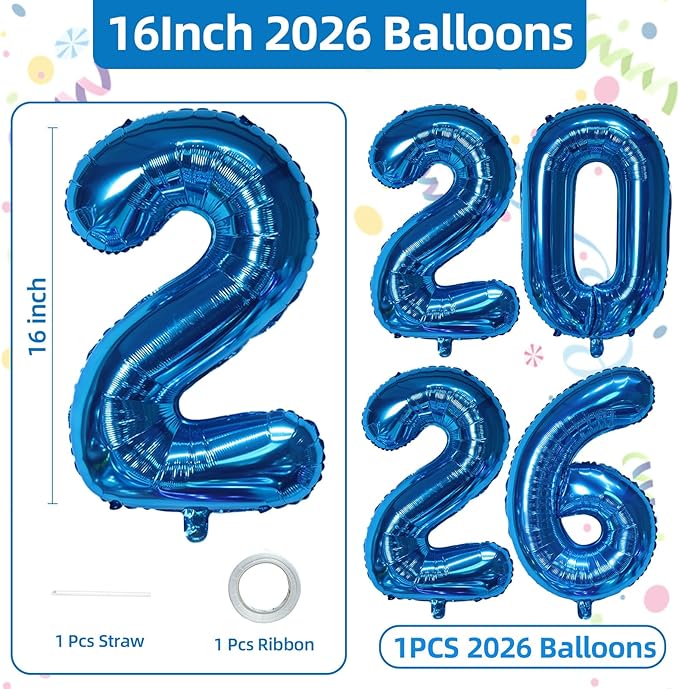 KALOR 16 Inch 2026 Blue Foil Number Balloons, 2026 New Years Decorations for 2026 Happy New Year Eve and Graduations Party Supplies