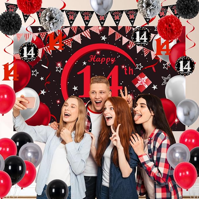 14th Birthday Decorations for Boys Girls, Red Black Happy 14 Birthday Party Decorations, 14th Birthday Backdrop Banner Tablecloth Triangle Flag Balloons, 14 Year Old Boy Bday Party Supplies Decor