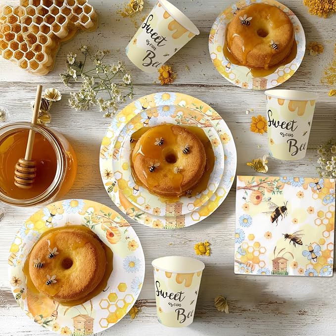 96Pcs Bee Party Decorations Bee Paper Plates and Napkins and Cups Baby Shower Sweet One Kids First Birthday Tea Party Decorations Supplies, Serves 24