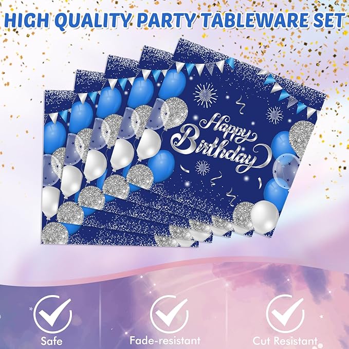 Blue 90th Birthday Decorations for Men Navy Blue Silver Happy 90th Birthday Tableware Set Include Happy 90th Birthday Plates Napkins Tablecloth for 90 Year Old Anniversary 1936 Party Decor Supplies