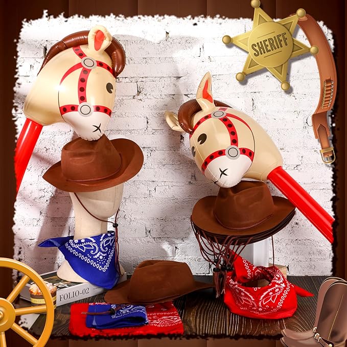 Xtinmee 36 Pcs Cowboy Party Costume Set, Cowboy Hats Paisley Bandanas Inflatable Stick Horses Kids Party Supplies