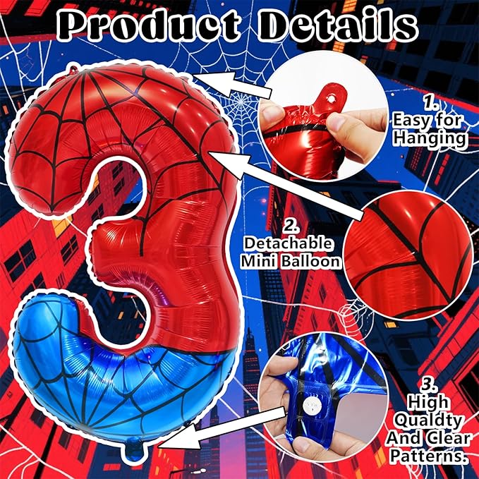 Spider Web Number 3 Balloon Birthday Decoration, Superhero Themed 40in Giant Mylar Number Party Supplies
