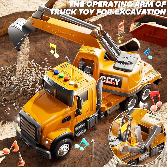 Excavator Toys for Boys Aged 3-5 4-6, Play Excavator with Light and Sound, Toy Truck Construction Vehicles Cars for Kids 2-4 4-7 Years Old, Birthday Gift for Girls Toddlers 1-3
