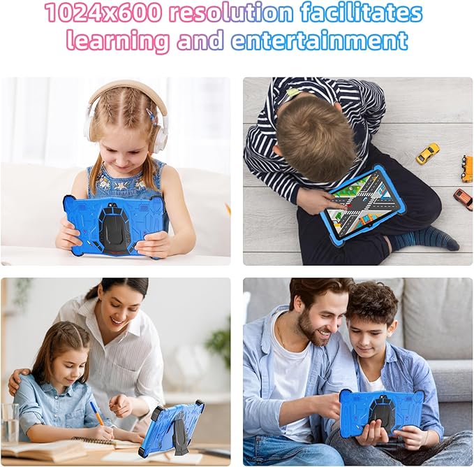 Kids Tablet 7 inch with Shockproof Case for Child 3-10, Educational Learning Toddler Tablet Android 14, 10GB RAM+64GB ROM, Parental Controls, Google Play YouTube, Gift for Boy Girl（Blue）