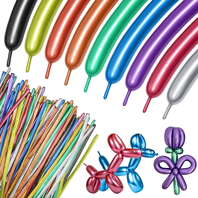 100Pcs 260 Balloons Metallic Long Balloons for balloon animals, Thickening Skinny Latex Twisting Balloon for Animals Modeling Christmas Birthday Wedding Party Decorations.(Multi)