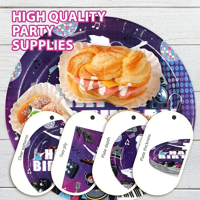 96 Pcs DJ Birthday Party Decorations Music Themed Party Paper Plates and Napkins Rock DJ Short Video Tableware Set for Boys Girls Adults Birthday Supplies Serves 24