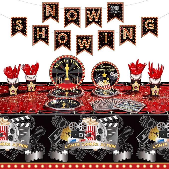 Tiamon 171 Pcs Movie Night Party Supplies Serves 24 Include Movie Theater Tablecloth Now Showing Banner TV Show Theme Plates and Napkins Tableware Set for Red Carpet Birthday Party Decorations