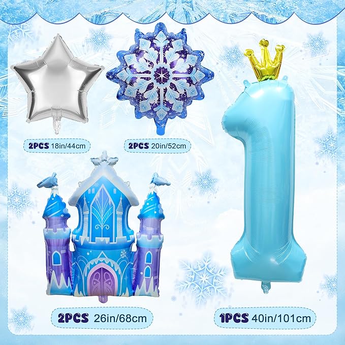 7Pcs 1st Birthday Party Decorations Balloons,Winter Snowflake Balloons Large Blue 40 Inch Number 1 Balloon Foil Star Castle Ballon for Birthday Party Favor Decor Supplies Winter Wonderland Decoration