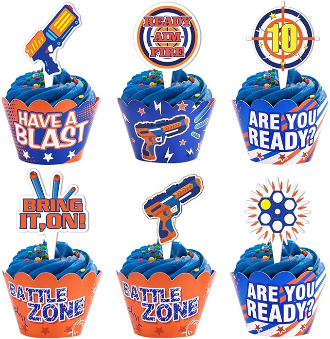Dart War Party Cupcake Toppers Wrappers Kids Birthday Gun Picks Target Bullet Dart War Party Supplies Decoration -48 Piece