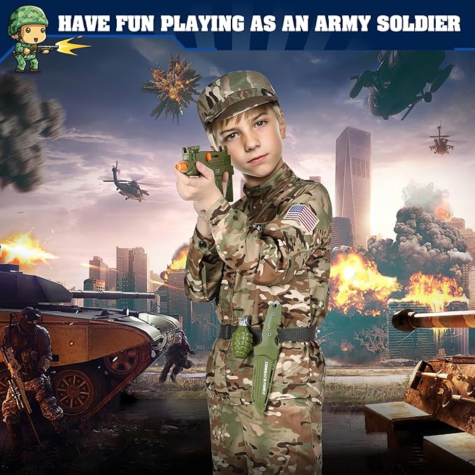 GIFTINBOX Army Costume for Kids, Boys Military Soldier Costume with Toy Accessories, Halloween Costumes for Boys, 13Pcs Army kit Middle(6-8yrs)