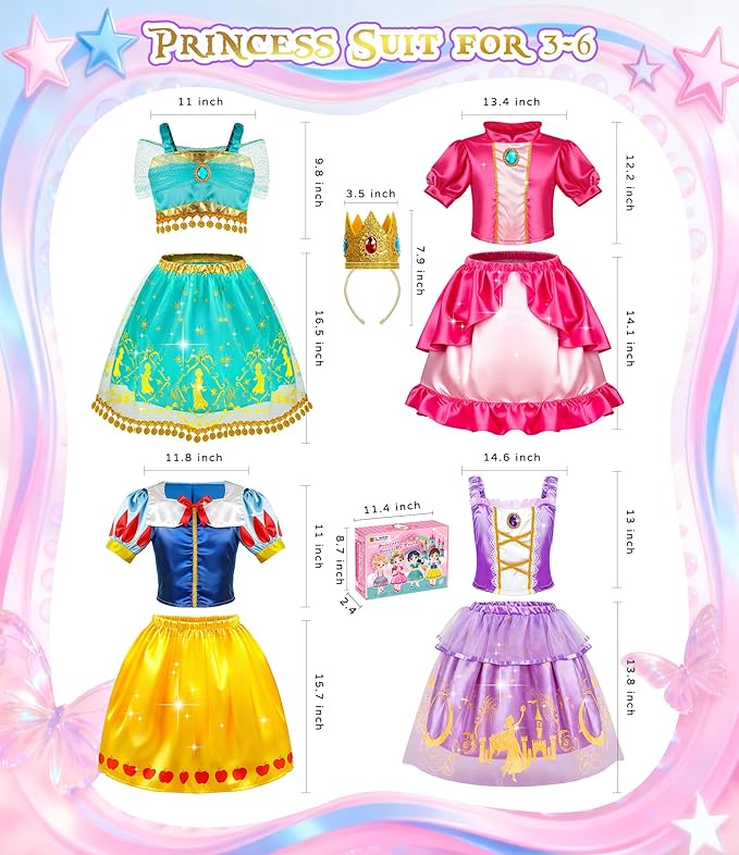 Princess Dress Up Clothes, Princess Dress Up Costume for Toddler Girls, Little Girls Princess Toys, Kids Dress Up & Pretend Play Sets Christmas Birthday Gifts for Kids Grandkids 3 4 5 6 Years