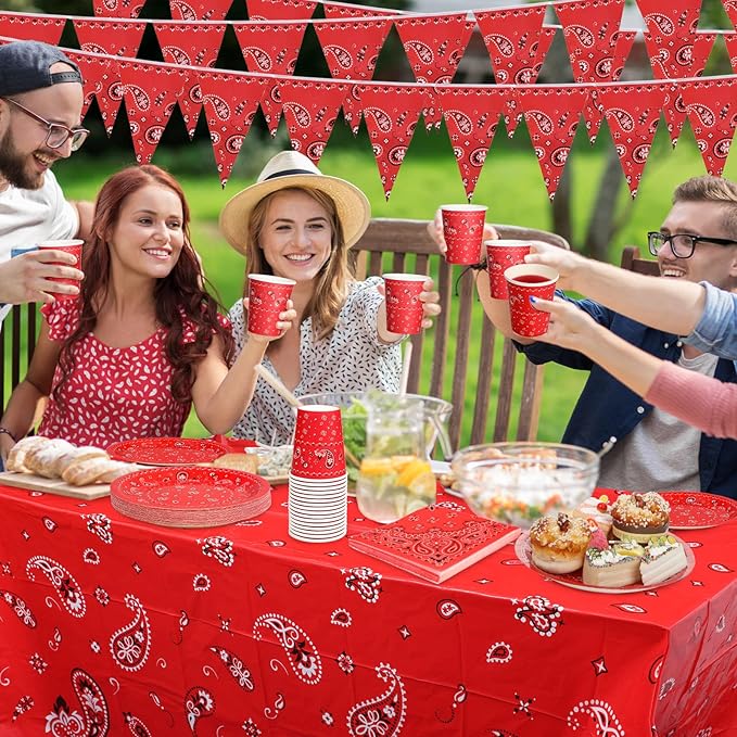 123 Pcs Western Cowboy Party Decorations, Wild West Birthday Decorations Tableware Set, Cups, Plates, Napkins, Banner & Tablecloth for Cowboy Themed Party Ideal for Bbqs, Baby Showers(Red)