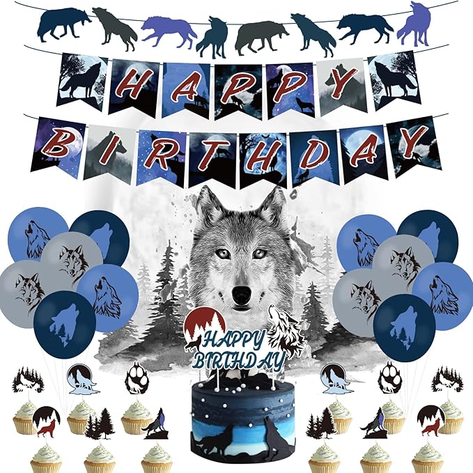 Wolf Birthday Party Decorations, Wolf Party Supplies with Happy Birthday Banner, Wolves Garland Sign, Cake Toppers, Latex Balloons for Kids Boys Girls Animals Wolf Theme Party Decors