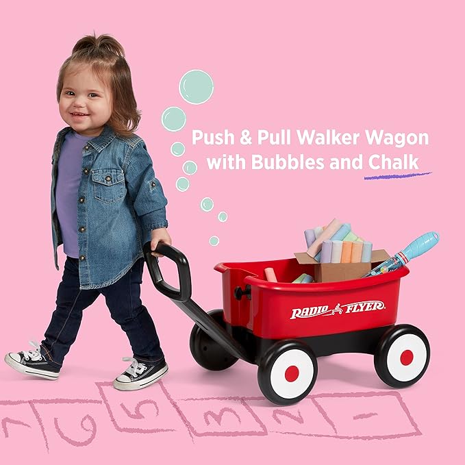 Radio Flyer Push & Pull Walker Wagon with Bubbles and Chalk, Red, for Kids 1-4 Years Old, Locking Handle for Stability, Baby Push Walker Converts to Pull Wagon, for Indoor & Outdoor Play