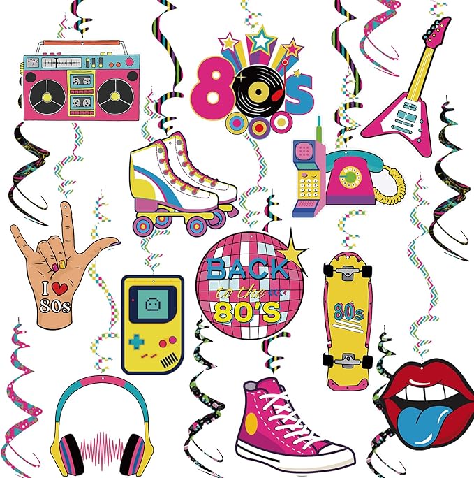 80s Party Birthday Decorations Back to The 80 Hanging Swirls Ceiling Streamers Throwback Retro 80's Theme 1980s Backdrop Party Decor Supplies 30 Pcs