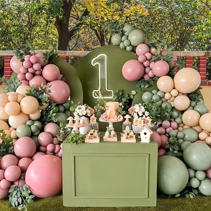 Pink and Green Balloon Arch Kit,122Pcs Sage Green Dusty Rose Red Macaron Pink Yellow Matte Balloons for Flower Birthday Bridal Wedding Engagement Baby Shower Anniversary Party Decorations