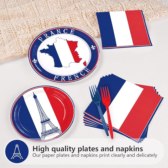 96Pcs France French Flag Party Supplies French Flag Party Plates and Napkins Disposable France Flag Tableware Set for French Party Decor Paris Theme Party Decorations Birthday Family Gathering Serve24
