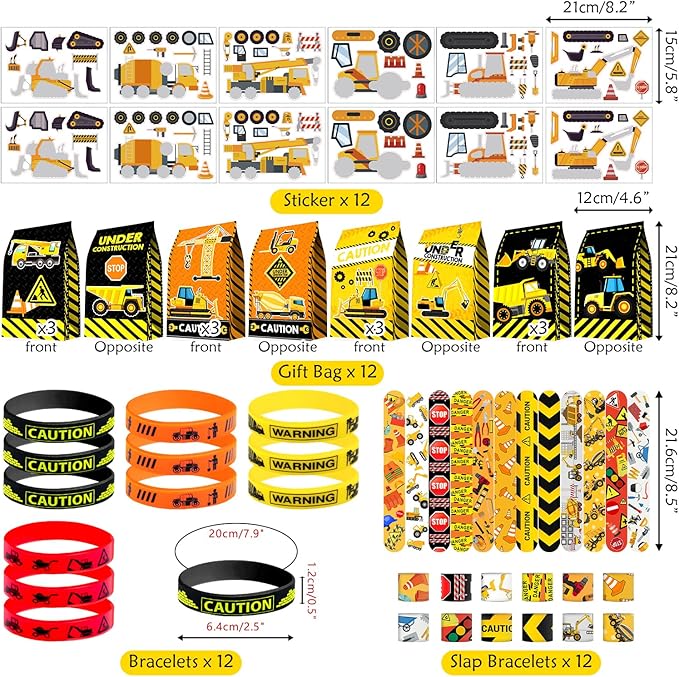 Construction Party Favors Supplies -Including Paper Glasses Gift Bag Tattoo Stickers Shovels Slap Bracelets Silicone Wristbands DIY Stickers Stampers, for Digger Theme Kids Students' Party Fillers
