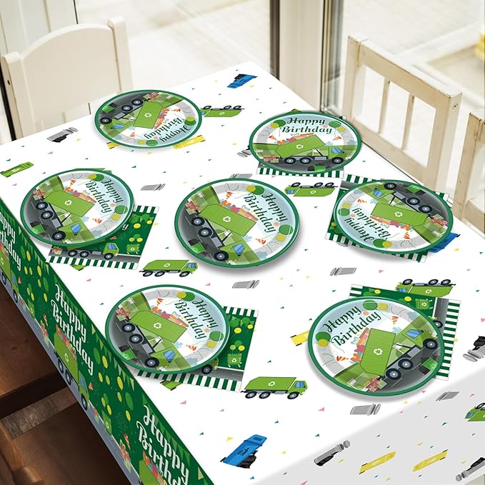 61 Pcs Garbage Truck Birthday Decorations Green Trash Party Tableware Rubbish Recycling Themed Supplies Plates Napkins Tablecloth for Birthday Parties Waste Management Celebrations Serves 20 Guests