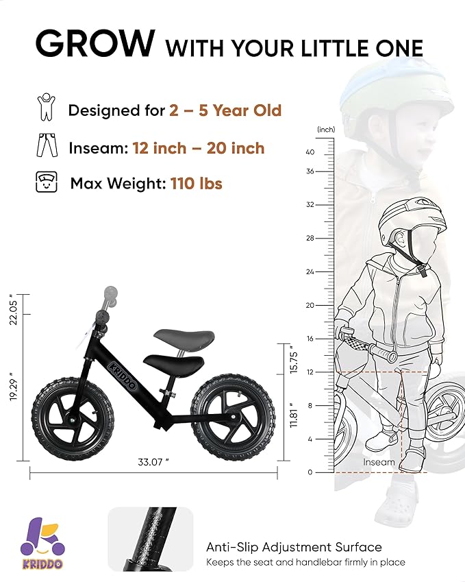 KRIDDO Toddler Balance Bike 2 Year Old, Age 24 Months to 5 Years Old, 12 Inch Push Bicycle with Customize Plate (3 Sets of Stickers Included), Steady Balancing, Gift Bike for 2-3 Boys Girls, Night