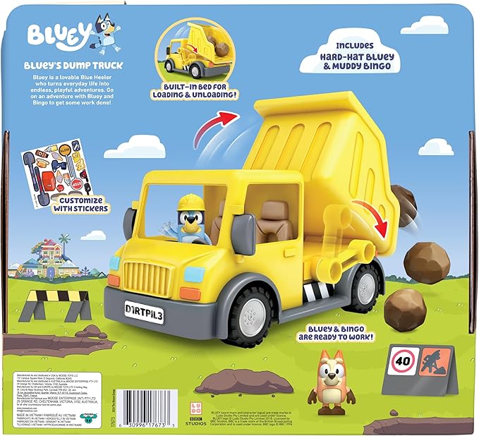 Bluey Dump Truck Toy Playset, Sturdy Working Toy Dump Truck with 2 Articulated Figures and 3 Huge Boulders, Construction Toys for Kids of Ages 3+