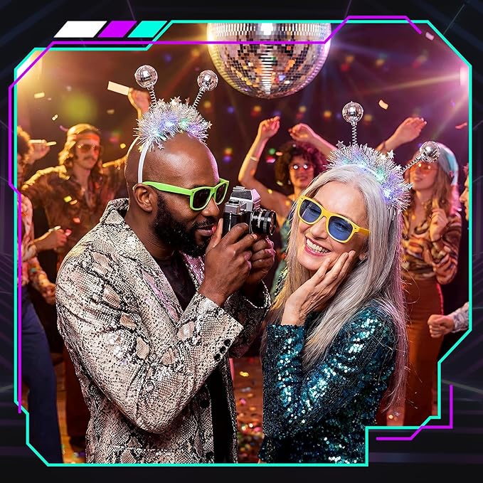 Juexica 6 Pack Disco Party Supplies, Silver LED Disco Headband for Glow Party Headwear Costume Accessories