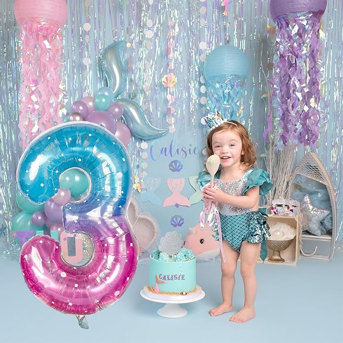 Large Blue Pink Starry 3 Balloons, 40 Inch Giant Mermaid Helium Mylar Foil Globos Numero for Girls, Self Inflating Rainbow 3rd Birthday Balloon for Women Three Anniversary Party Decorations Supplies