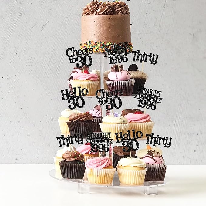 Ephlyn 24Pcs Happy 30th Birthday Cupcake Toppers Glitter Thirty Cupcake Picks Hello 30 Cheers to 30 Years Cake Decorations for 30th Birthday Anniversary Party Decorations Supplies Black