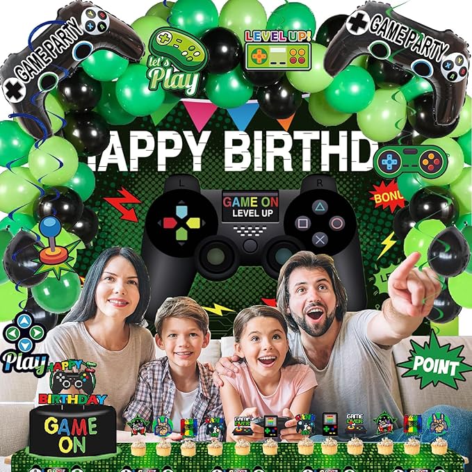 77Pcs Video Game Birthday Party Decorations Kit – Gamer Party Supplies with Happy Birthday Backdrop, Hanging Swirls, Foil Balloons, Colorful Balloons, Table Cover & Cake Topper for Game Theme Party