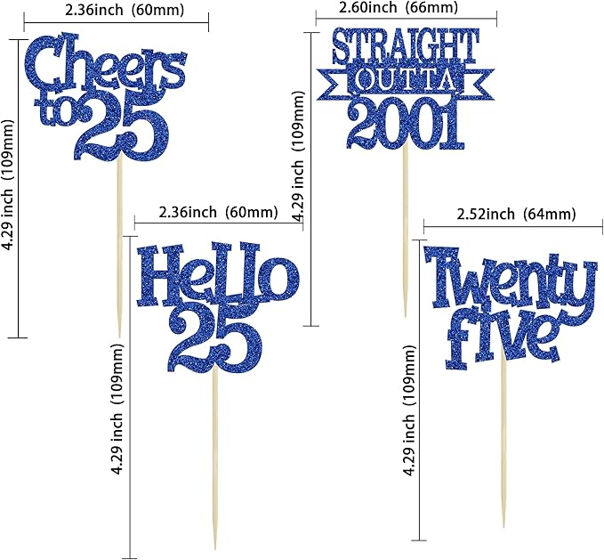 Ephlyn 24Pcs 25th Birthday Cupcake Toppers Glitter Straight Outta 2001 Cupcake Picks Hello 25 Cheers to 25 Years Cake Decorations for 25th Birthday Anniversary Party Decorations Supplies Blue