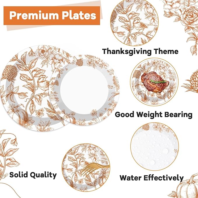 96Pcs Thanksgiving Party Supplies Paper Plates Napkins Thanksgiving Fall Harvest Cake Dessert Tableware Set Thankful Pumpkin Floral Picnic Dinnerware for Birthday Baby Shower Decoration Serve 24
