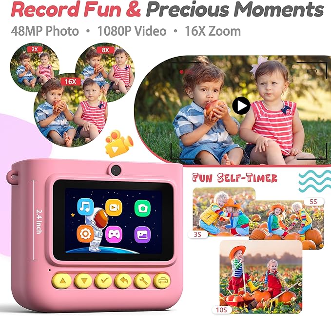 Instant Camera for Kids, Digital Print Camera 48MP 1080P, Color & B&W Printing, 2.4" Display, USB-C Rechargeable, 32GB Card, Christmas & Birthday Gifts for 3-12 Year Old Girls Boys (Pink)