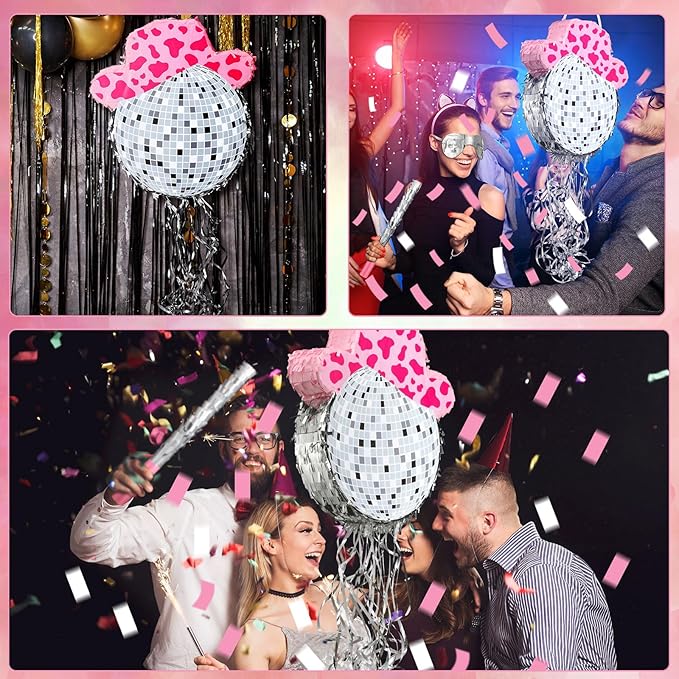 Sratte Disco Ball Piñata Cute Hat Disco Ball Party Supplies Piñata with Blindfold and Bat Theme Decorations for Birthday Fiesta Party Supplies (12.8 x 13.78 Inch)