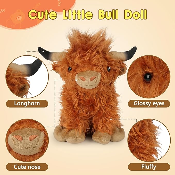 OROZCOR Highland Cow Stuffed Animal, Cute Fluffy Cow Plush Figure Toys,Realistic Farm Highland Cattle Plush Decor Gifts for Kids Baby Girls Boys (Brown Highland Cow)